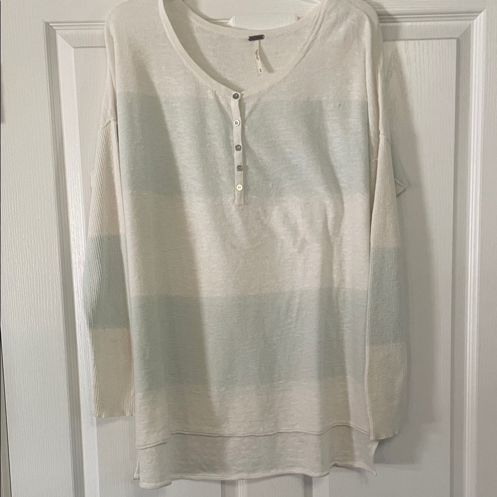 Free People White and Light Green Color Block Striped Sweater M